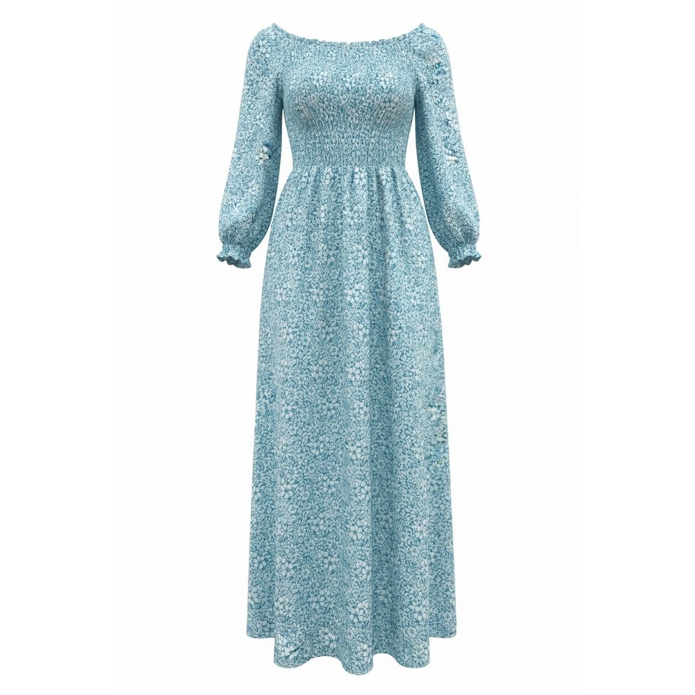 Velvet Torch Maxi Dress Small Blue Floral Smocked Square Neck Long Sleeve Boho
